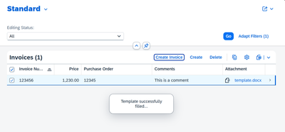 Selecting an entry and triggering the Create Invoice action