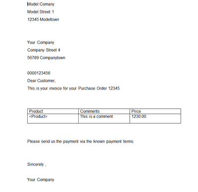 The generated invoice with placeholders replaced by the entry's data