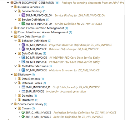 Generated ABAP repository objects in the project explorer